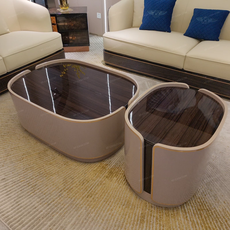 Luxury Nesting Coffee Tables with High-Gloss Natural Wood Veneer and Soft-Tone Frame